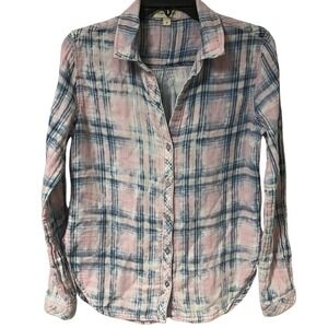 Cloth & Stone Pink Blue Plaid Cotton Flannel Button Down Shirt Womens Size Small